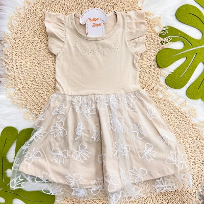 Vestido com Strass e Tule de Laços - Areia